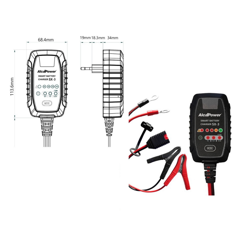 Caricabatteria SX-3 Switch 2.5A 6V/12V 1.2-50AH LIFEPO4 con cavo occhielli + pinze